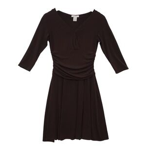 Dressbarn Brown Ruched V Neck 3/4 Sleeve Flared Midi‎ Dress Women Size 8 Casual
